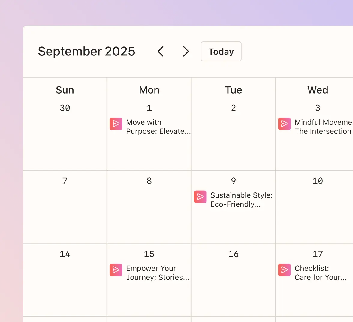 Digital calendar for September 2025 with events like "Move with Purpose" and "Sustainable Style" on specific dates.