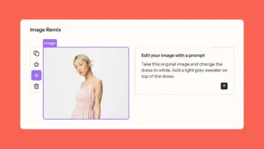 Interface showing an image of a person in a pink dress with a prompt to edit the dress to white and add a grey sweater.