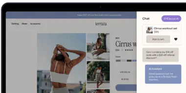 Online shopping interface for a "Cirrus workout set" with a chat feature. An AI assistant responds to a discount query.