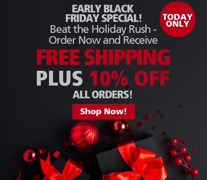 Image shows a holiday email from Current Catalog, which features red and silver font on a black background and holiday design elements like wrapped gifts, ornaments, and sprigs of holly berries. The copy reads, “early Black Friday special! Beat the holiday rush - order now and receive free shipping plus 10% off all orders!” The CTA button reads, “shop now!”