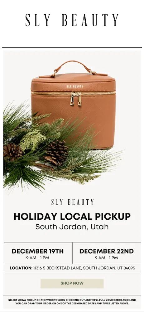 Image shows an email from Sly Beauty, featuring a photo of a leather cosmetics bag arranged next to some pine needles and acorns above the headline, “Sly Beauty holiday local pickup.” The email contains the location, dates, and times where the pickup will take place, as well as the location, a “shop now” CTA button, and fine print detailing how customers can choose this option when they’re checking out online.