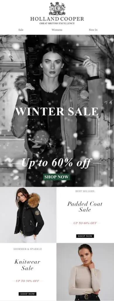 Image shows a Boxing Day marketing email from luxury clothing brand Holland Cooper, featuring a black and white photo of a model wearing a coat with a fur-lined hood under the simple headline, “winter sale: up to 60% off.” Beneath a Christmas-green “shop now” CTA button, the email continues with a section on bestsellers, featuring the product image, name, CTA, and “up to 60% off.”