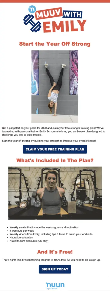 Image shows a Boxing Day marketing email from nutrition brand Nuun, titled, “Muuv with Emily: Start the year off strong.” The email contains photos of personal trainer Emily Schromm and offers subscribers an 8-week plan designed to help them build muscle and achieve their fitness goals. The CTA button reads, “claim your free training plan.”