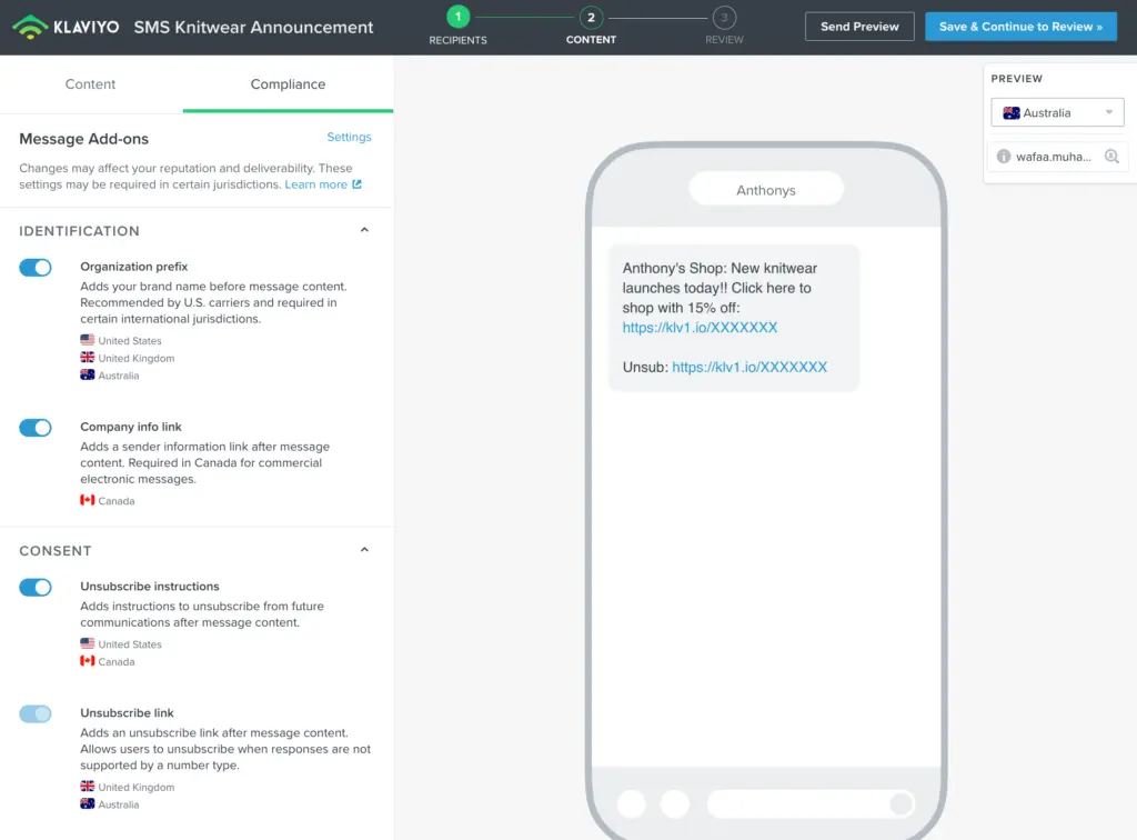 in-app Klaviyo picture of sms texting option to australia
