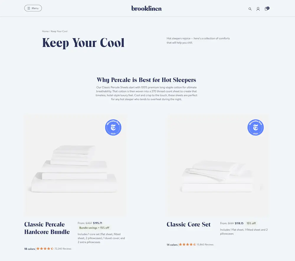 When you click Brooklinen's paid search ad, they have a purposeful landing page set up for this exact search intent that describes why their sheets are made specifically for hot sleepers.