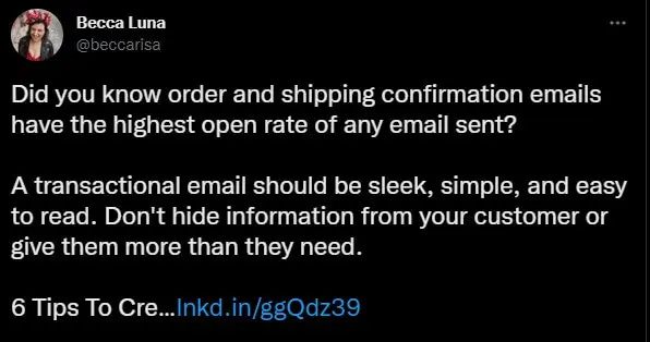 Image shows a tweet arguing that a transaction email should have a clean and simple layout.