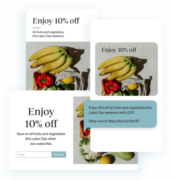 Image shows 3 different versions of the same marketing message featuring an image of a produce order: SMS, email, and pop-up form.