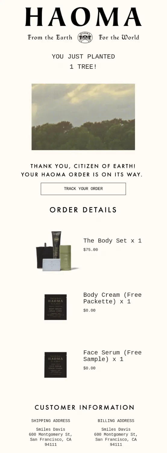 Haoma conveys its brand’s values through its order confirmation email.