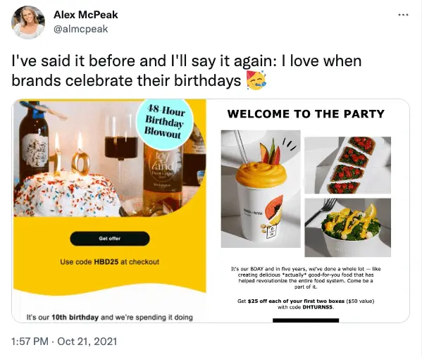 Image shows a Tweet praising brands who celebrate their own birthdays