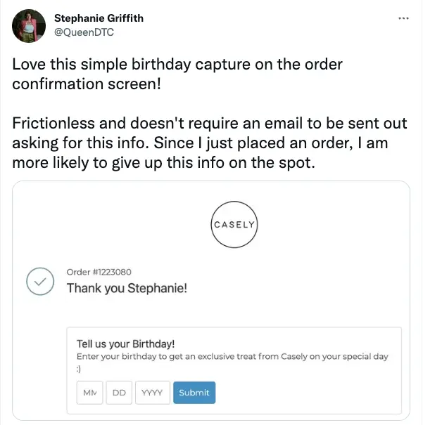 Image shows a Tweet praising a birthday capture