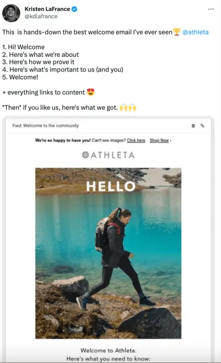 tweet from kristen about welcome emails