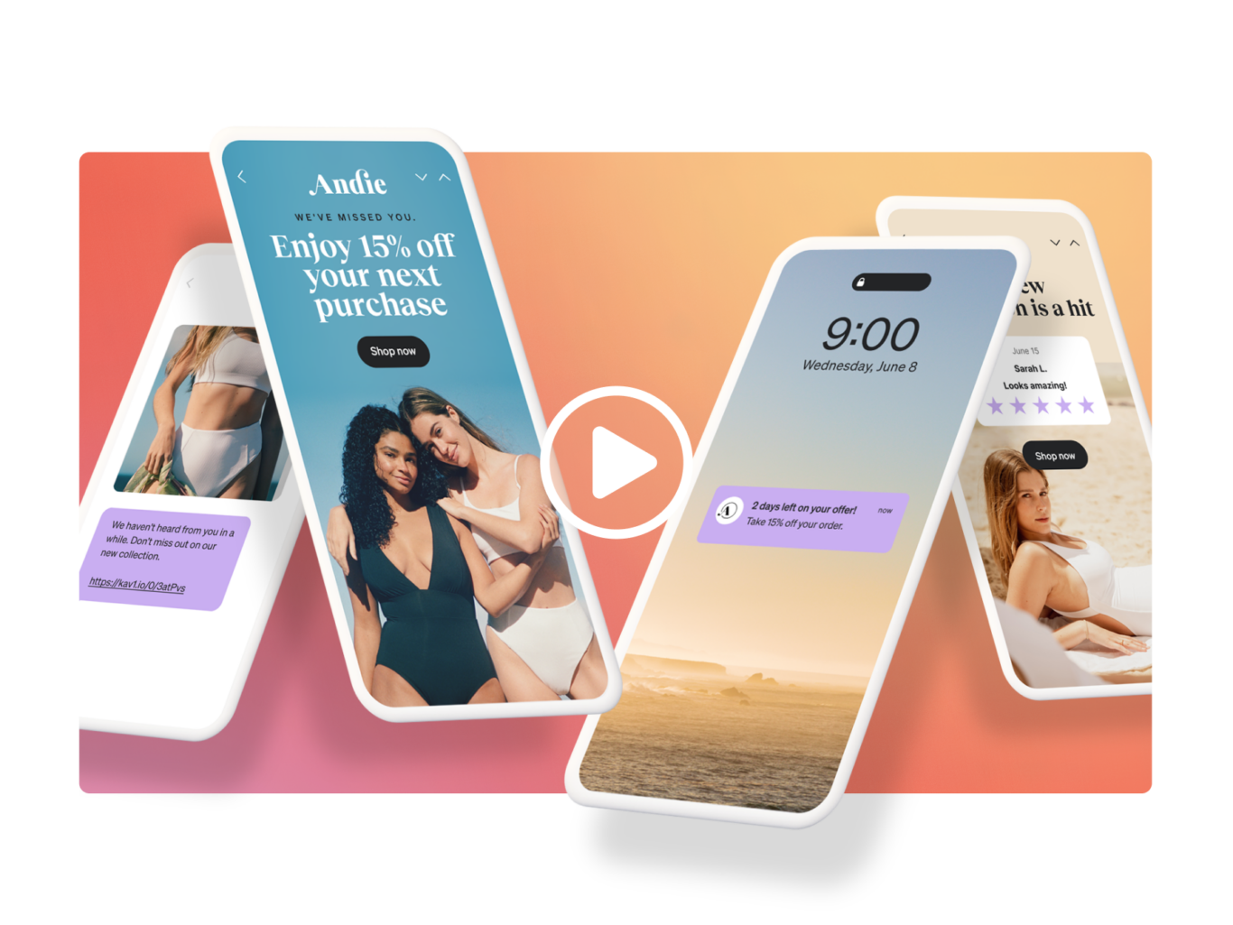 Image of 4 smart phone displays with email and SMS offers with a play button overlayed on top to indicate that this is a product demo video