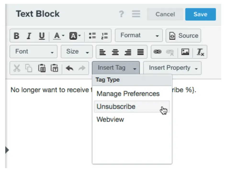 Image shows how to insert an unsubscribe link in Klaviyo.