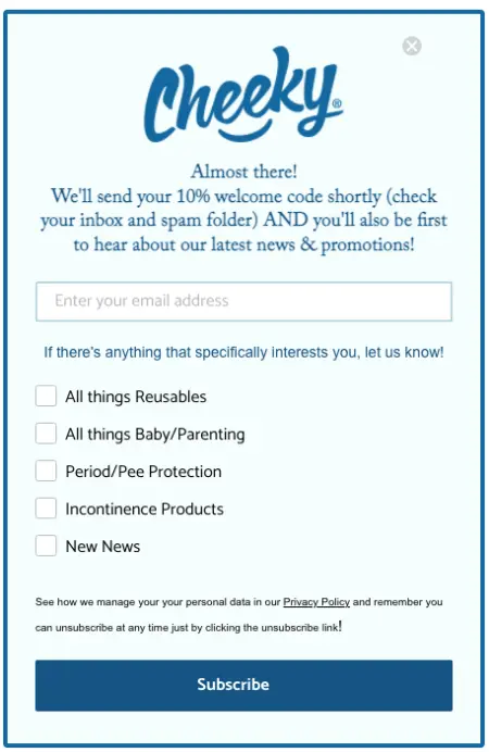 signup form from Cheeky Wipes