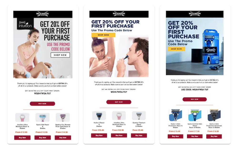 Image shows a welcome series from Wilkinson Sword, segmented based on the gender preferences subscribers identify when they first sign up for marketing messages.