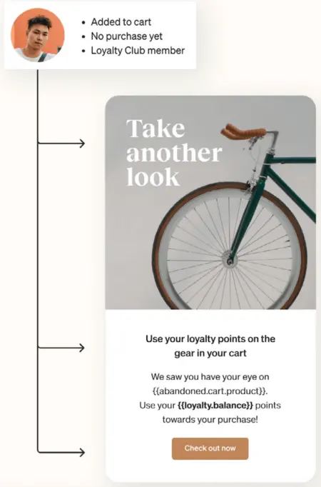 Image shows an abandonment flow example beginning with 3 data points in the back end of Klaviyo: added to cart, no purchase yet, and loyalty club member. The profile then receives an email urging them to “Take another look,” with a CTA to “Check out now.”