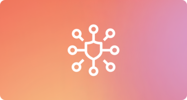 White icon showing a shield with small lines and circles coming out from it against a pink and orange gradient