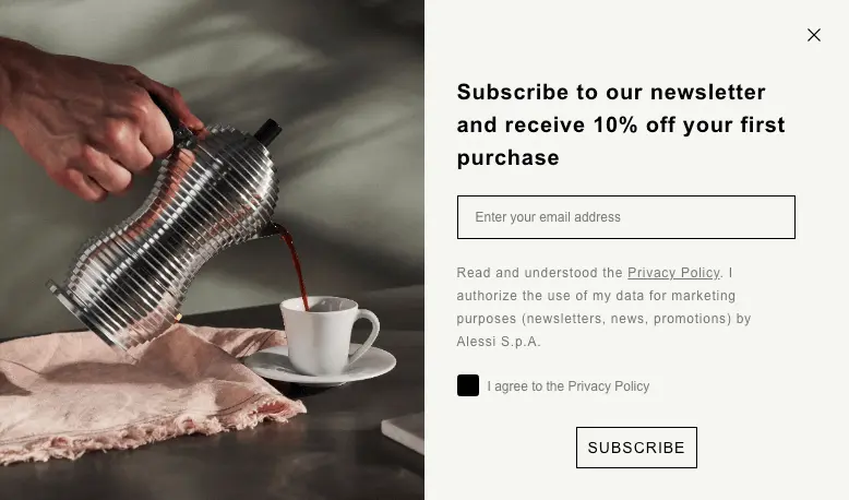 Image shows an email pop-up from Italian design brand Alessi, featuring a close-up image of a metal coffee maker on the left and the sign-up fields and incentive details on the right.
