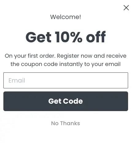 Image shows a text-only email pop-up from tableware brand Zarina, offering the subscriber 10% off their first order with the CTA “get code.”