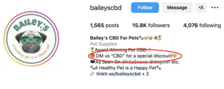 Image shows a screenshot of Bailey’s CBD for pets bio on Instagram, with the line “DM us ‘CBD’ for a special discount”