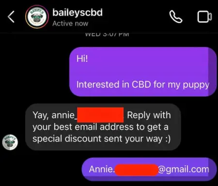 Image shows a direct message from Bailey’s CBD to a follower asking them to reply with their email address.