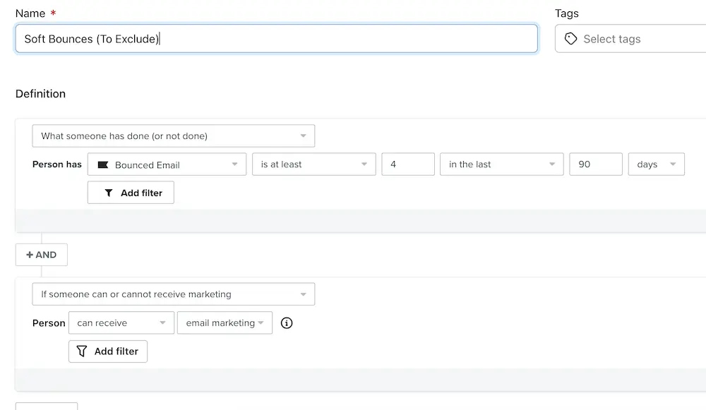 Image shows the segment builder dashboard in Klaviyo, with conditions selected to create a segment of soft bounces. The definition is set to “What someone has done (or not done)” / “Has bounced email at least 4x in the last 90 days” AND “If someone is or is not suppressed for email” / “Person is not suppressed.”