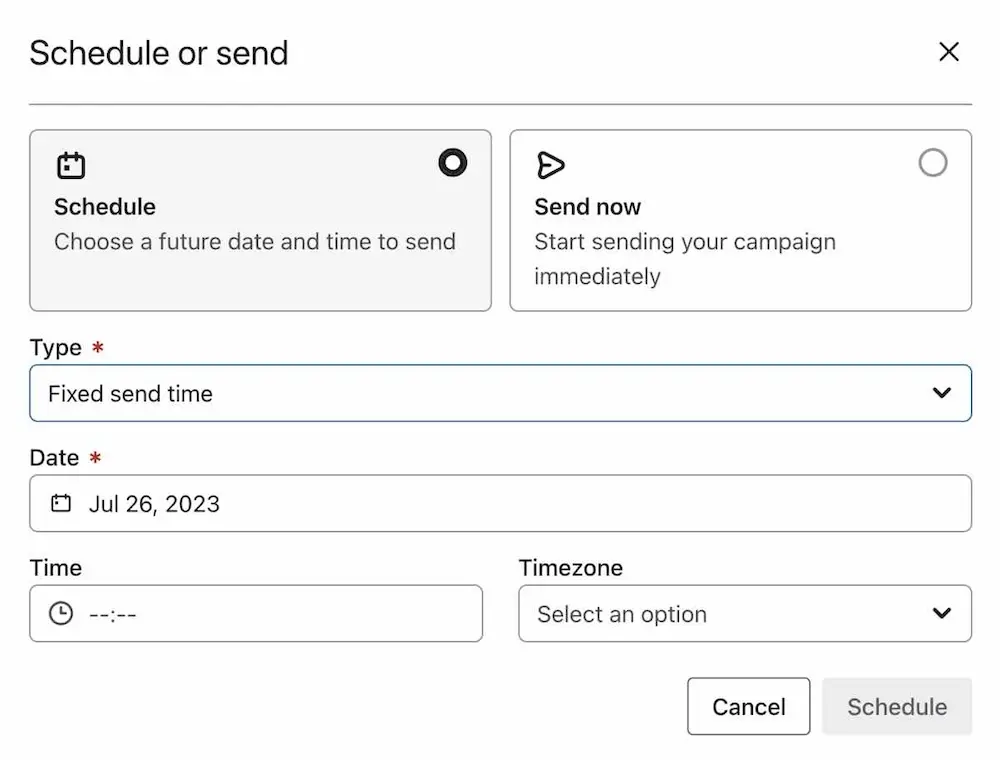 Image shows the email scheduling dashboard in the back end of Klaviyo. Options include to either schedule by choosing a future date and time to send, or send now/immediately. Dropdown menus offer options for type, date, time, and timezone.