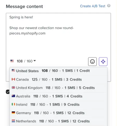 An image showing an SMS message about shopping a Spring collection and the associated credit cost per country.