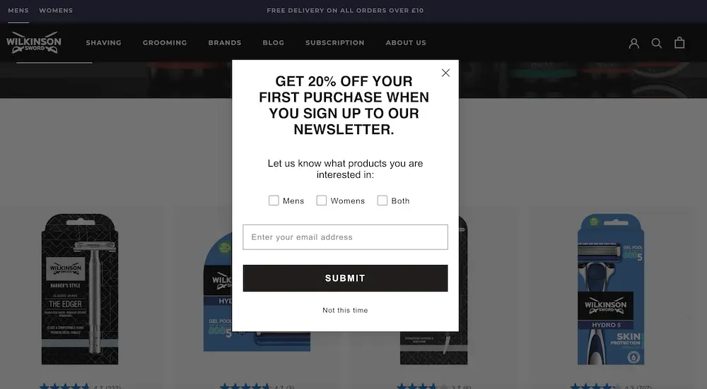 Image shows a sign-up form on the Wilkinson Sword website, promising new subscribers 20% off their first purchase when they sign up for the brand’s newsletter. In addition to the email address field, the form contains checkboxes where subscribers can select whether they’re interested in men’s products, women’s products, or both. The sign-up form is simply designed, with black copy on a white background, and a black CTA button that says, “Submit.”