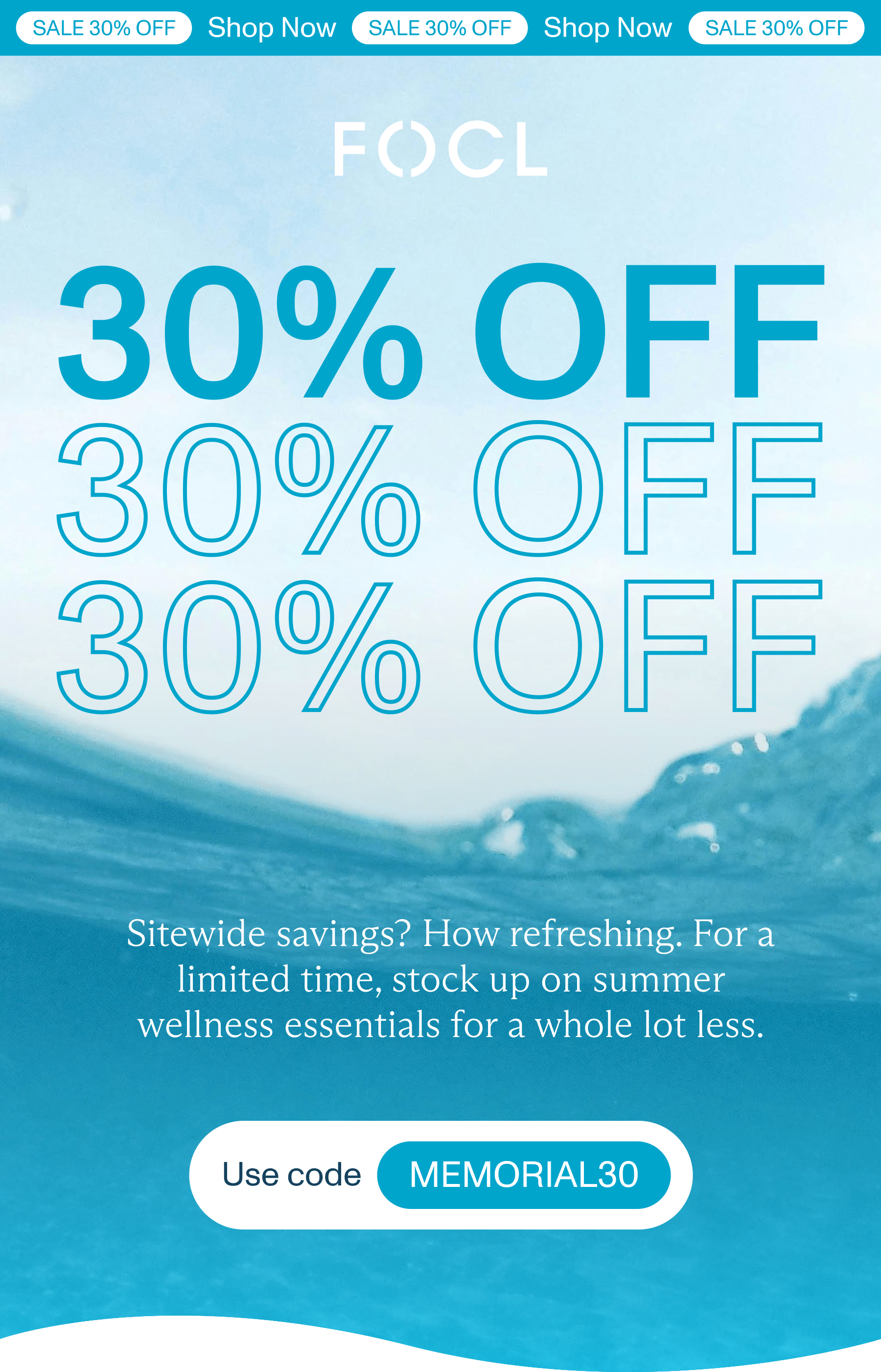 Image shows a marketing email from FOCL in which the main image—text that reads “30% off” 3 times in a row—flashes.