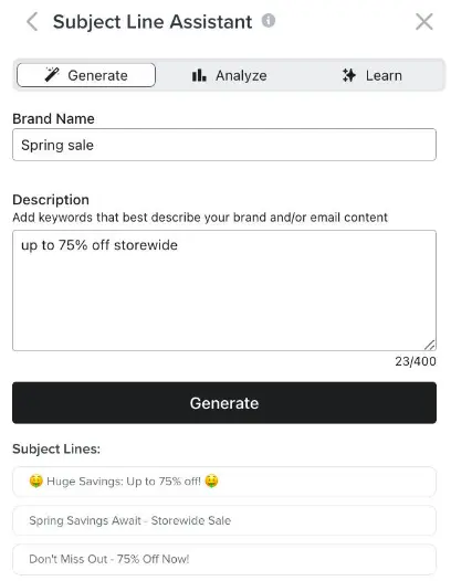 Image shows Klaviyo’s subject line assistant in action, with fields for “Brand name” and “description” along with a CTA button that reads “Generate” and 3 example subject lines.