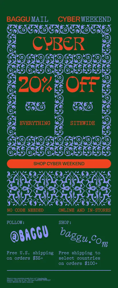 Image shows a Black Friday email example from Baggu, featuring a magic eye-style design with neon orange font on a dark green background. The email promises 20% off everything sitewide and includes an orange CTA button that reads, “shop cyber weekend.”