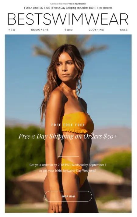 Image shows a Labor Day marketing email from swimwear brand Best Swimwear, featuring a photo of a model wearing a mustard yellow bikini overlaid with the headline, “free 2 day shipping on orders $50+.” Smaller copy underneath that promises delivery before Labor Day, and the CTA button at the bottom reads, “shop now.”