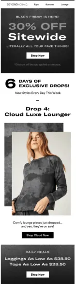 Image shows a Black Friday email example from Beyond Yoga, promising 30% off sitewide and 6 days of exclusive product drops. The email features the product drop for Day 4 along with a photo of a model wearing the item and a “shop now” CTA button.