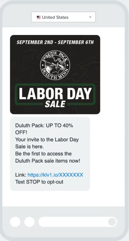 Image shows a Labor Day marketing text message from outdoor apparel brand Duluth Pack, featuring a graphic design image with the brand’s logo, the words “Labor Day sale,” and the dates of the sale. The message body reads, “Duluth Pack: Up to 40% off! Your invite to the Labor Day Sale is here. Be the first to access the Duluth Pack sale items now!”