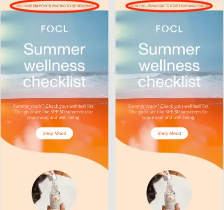 Image shows 2 separate marketing emails from FOCL that have all the same content, except for the banner at the top, which is personalized to the subscriber’s rewards status.