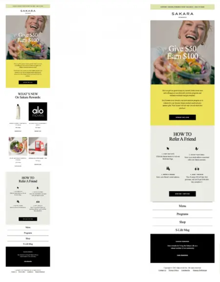 Image shows 2 Sakara marketing emails as part of an A/B test. The one on the left includes a product block, while the other doesn’t.