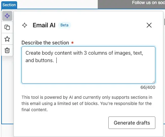 Image shows the drag-and-drop email editor in the back end of Klaviyo Email AI, which prompts the user to type a description of the email they want into a box. The button says, “Generate drafts.”