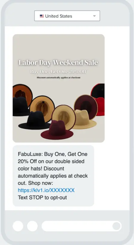 Image shows a Labor Day marketing text from boutique FabuLuxe, which features a stylized product photo of several hats under the banner “Labor Day weekend sale: buy one, get one 20% off.” The body of the text reads, “FabuLuxe: Buy One, Get One 20% Off on our double sided color hats! Discount automatically applies at check out. Shop now.”