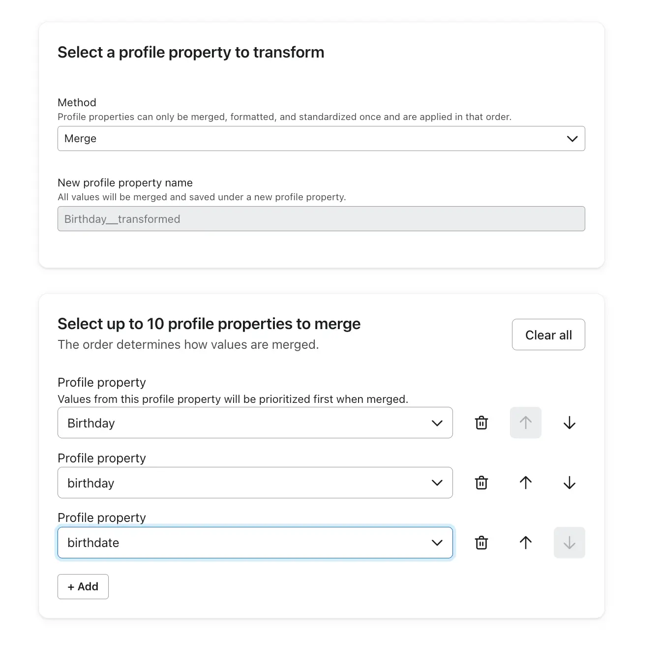 An image showing fields allowing users to select profiles properties to transform and merge.