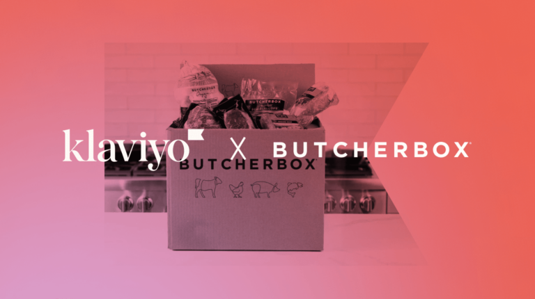 Klaviyo and Butcherbox logos over box filled with meat on kitchen counter