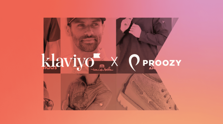 Klaviyo and Proozy logos over grid of photos of clothing