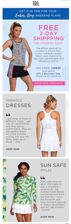 Image shows a Labor Day email marketing campaign from activewear brand Tail, featuring 3 stacked tiles, each with a photo of a model wearing one of the brand’s products. The top tile offers “free 2-day shipping on orders $50+” under a banner that encourages readers to order in time for their Labor Day weekend plans, and a bright pink CTA that reads, “shop new arrivals.” The next 2 tiles, “versatile dresses” and “sun safe styles,” each feature a customer review of the featured product, and a “shop now” CTA.