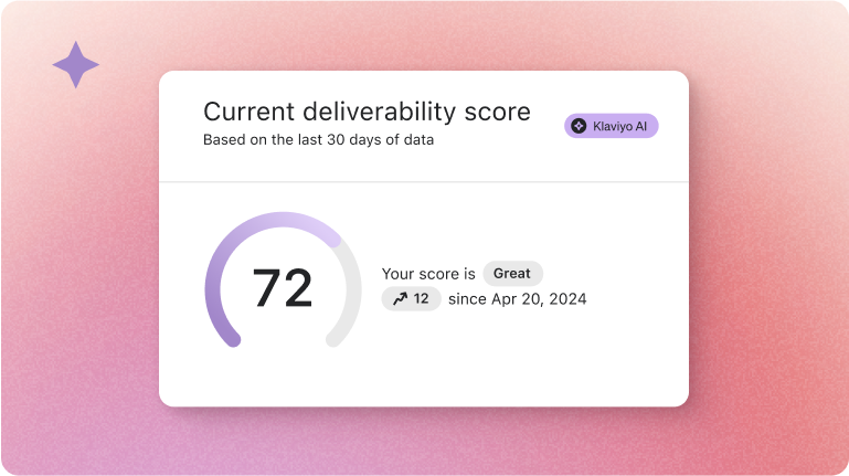 Current delivery score as shown in Klaviyo app, currently 72, which is considered good, increased by 12 from the previous period