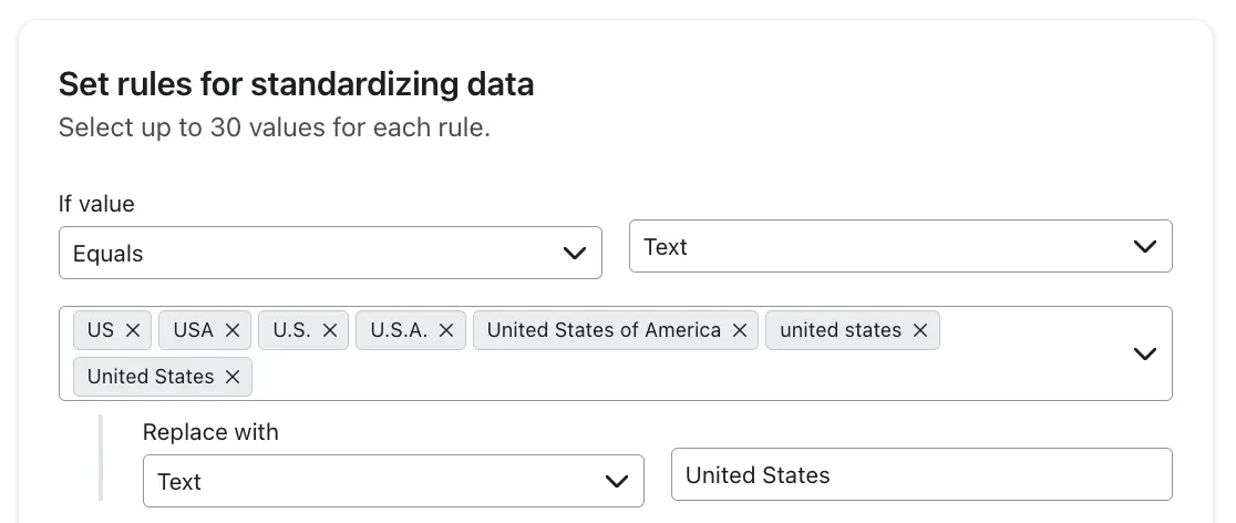 An image of the component where you can set rules for standardizing data.