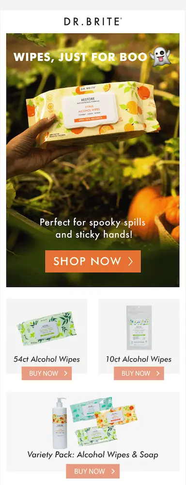 Image shows a Halloween marketing email from health and wellness brand Dr. Brite, featuring a product shot of a package of their wipes against a backdrop of fall-themed foliage. The headline reads, “Wipes, just for Boo” with a ghost emoji making a silly face. Underneath the email copy, which reads “Perfect for spills and sticky hands” with an orange CTA button that reads “shop now,” 3 more product images direct readers to unique product pages where they can buy each item.