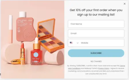 Image shows a sign-up form on the esmi website. On the left side is a stylish photo of several of the brand’s beauty products against a rose-colored backdrop, and on the right side is a headline that reads, “Get 10% off your first order when you sign up to our mailing list.” The form contains 3 fields for first name, email, and phone number, and the CTA button at the bottom reads, “subscribe.”