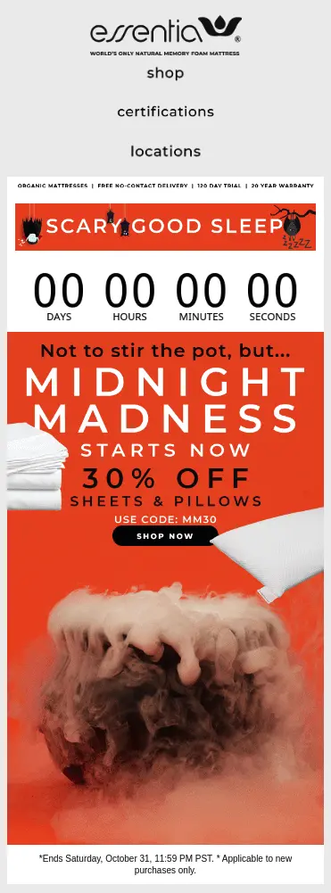 Image shows a marketing email from essentia. The H1 reads "Scary good sleep" and includes a countdown clock for the 30% discount. 