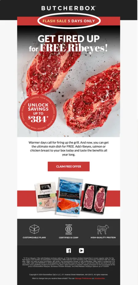 Image shows an email from ButcherBox that indicates how much time is left in the flash sale by using the small text above the main headline and content of the email to say "Flash sale 5 days only". The rest of the email shows ribeyes and how much subscribers can save. 