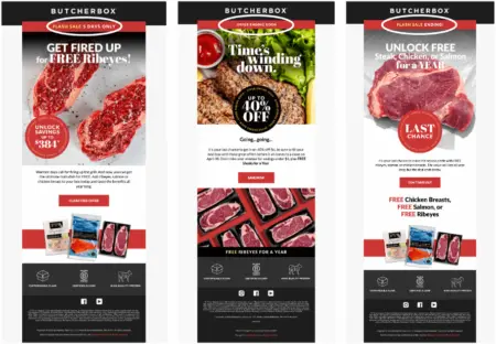 Image shows 3 different flash sale emails from ButcherBox, with the time left circled in white at the top.